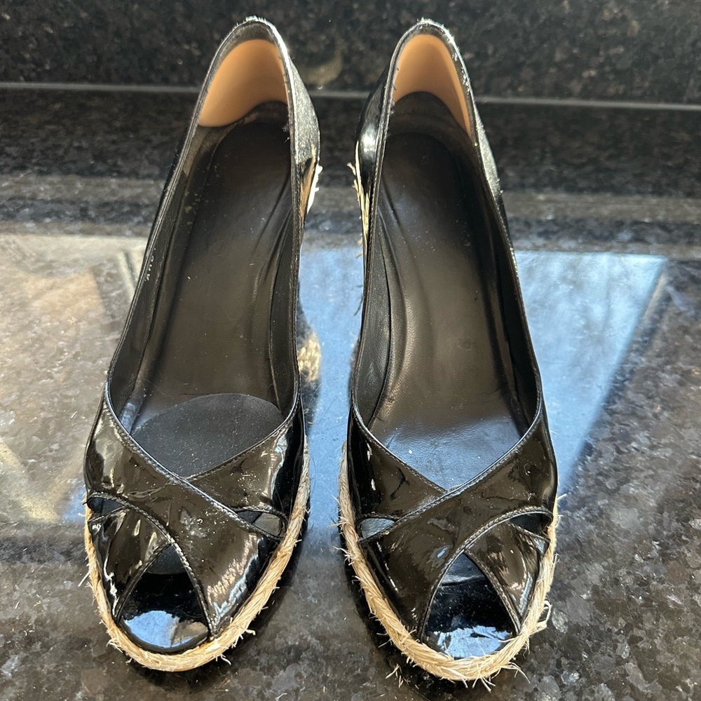 Black Patent Leather Peep Toe Wedges